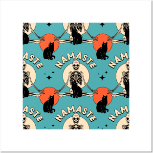 Yoga Namaste Black Cat Pattern in blue Posters and Art